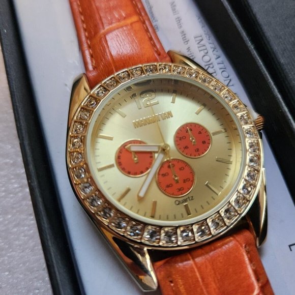 Manhattan Watch By Croton Genuine Leather Orange Ladies Watch - Picture 3 of 4